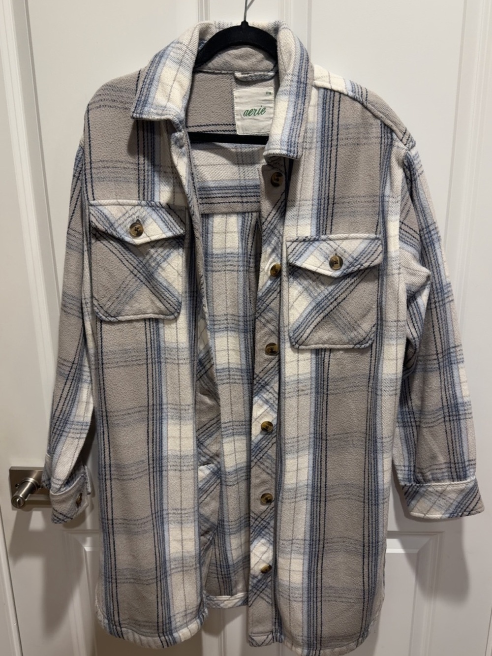 aerie Plaid Button-Up Shacket in Cream, Gray & Blue